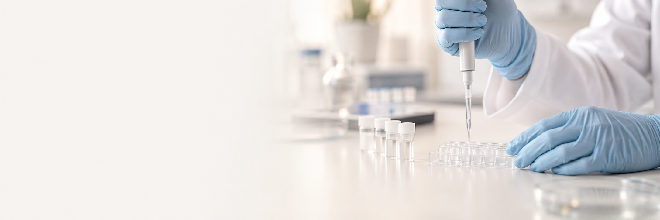 Gloved hands using a pipette over a sample tray in a laboratory