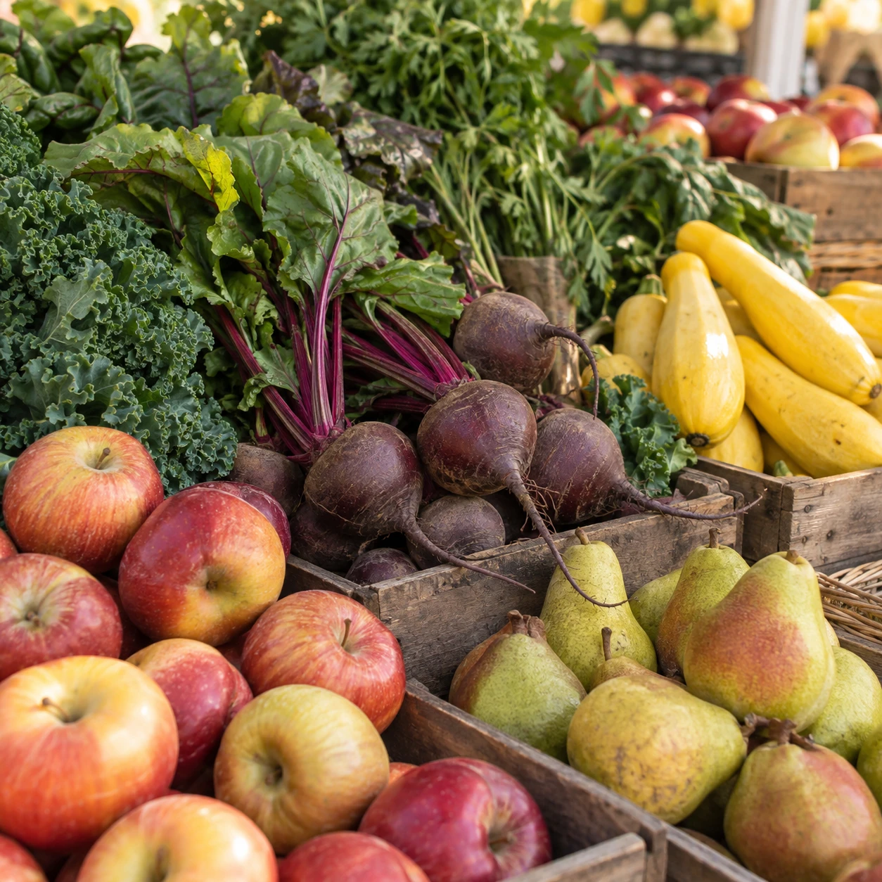 Fresh leafy vegetables, apples, pears, and squash at a farmers market
