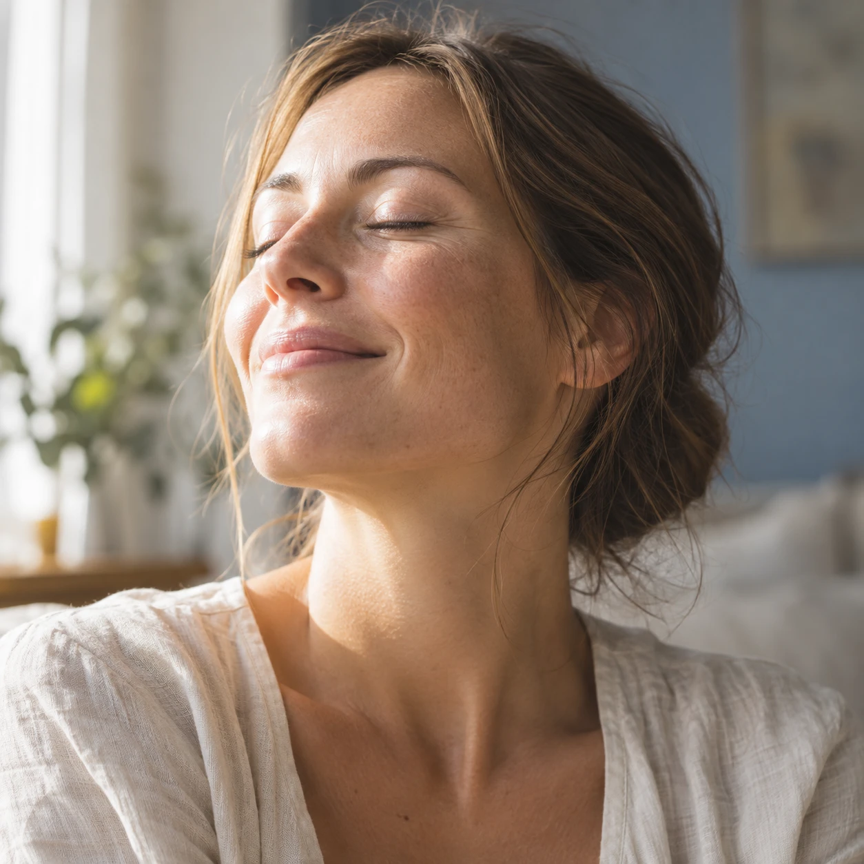 Woman enjoying a relaxed moment in warm morning light
