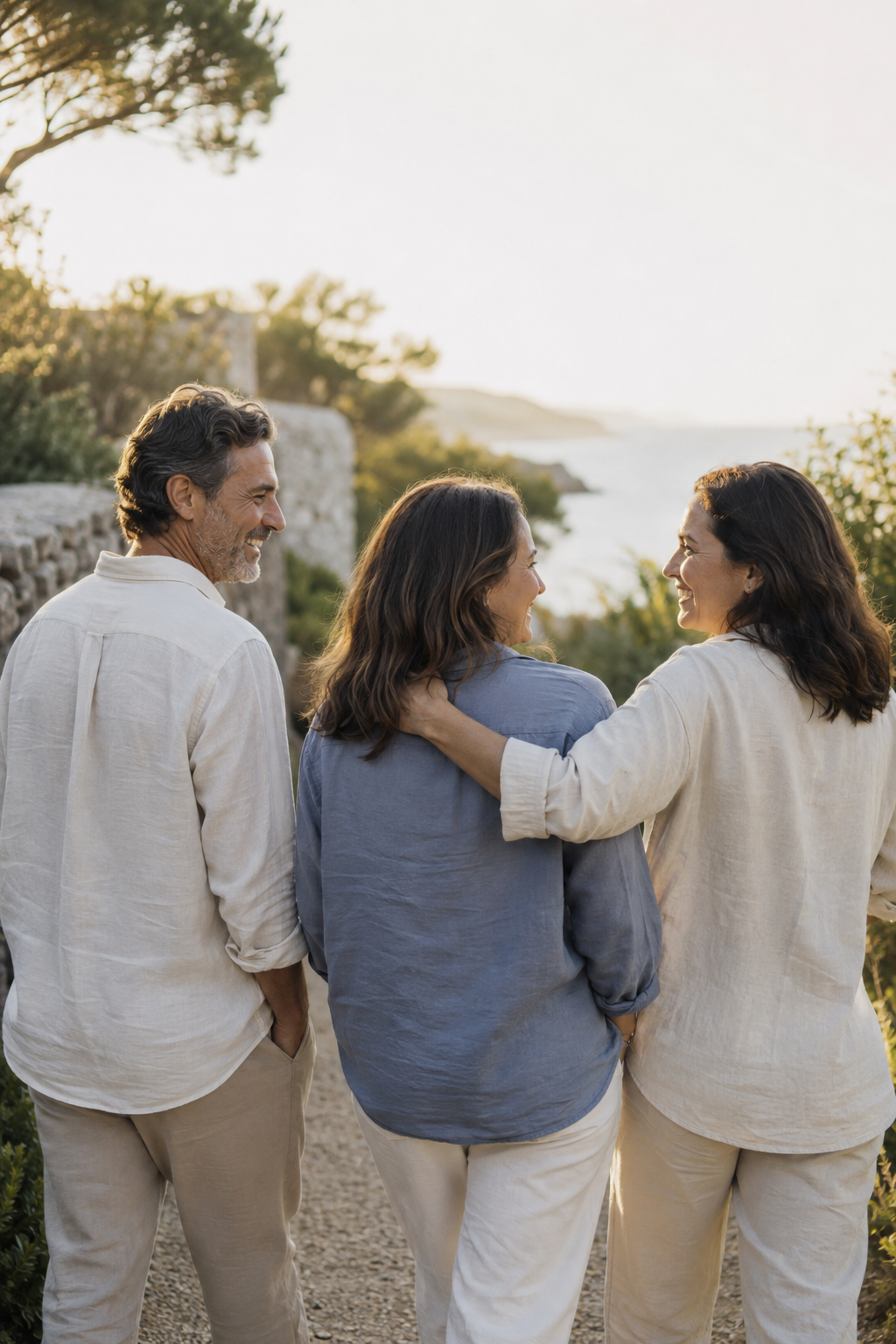 Three friends enjoying a relaxed walk together on a sunlit coastal path