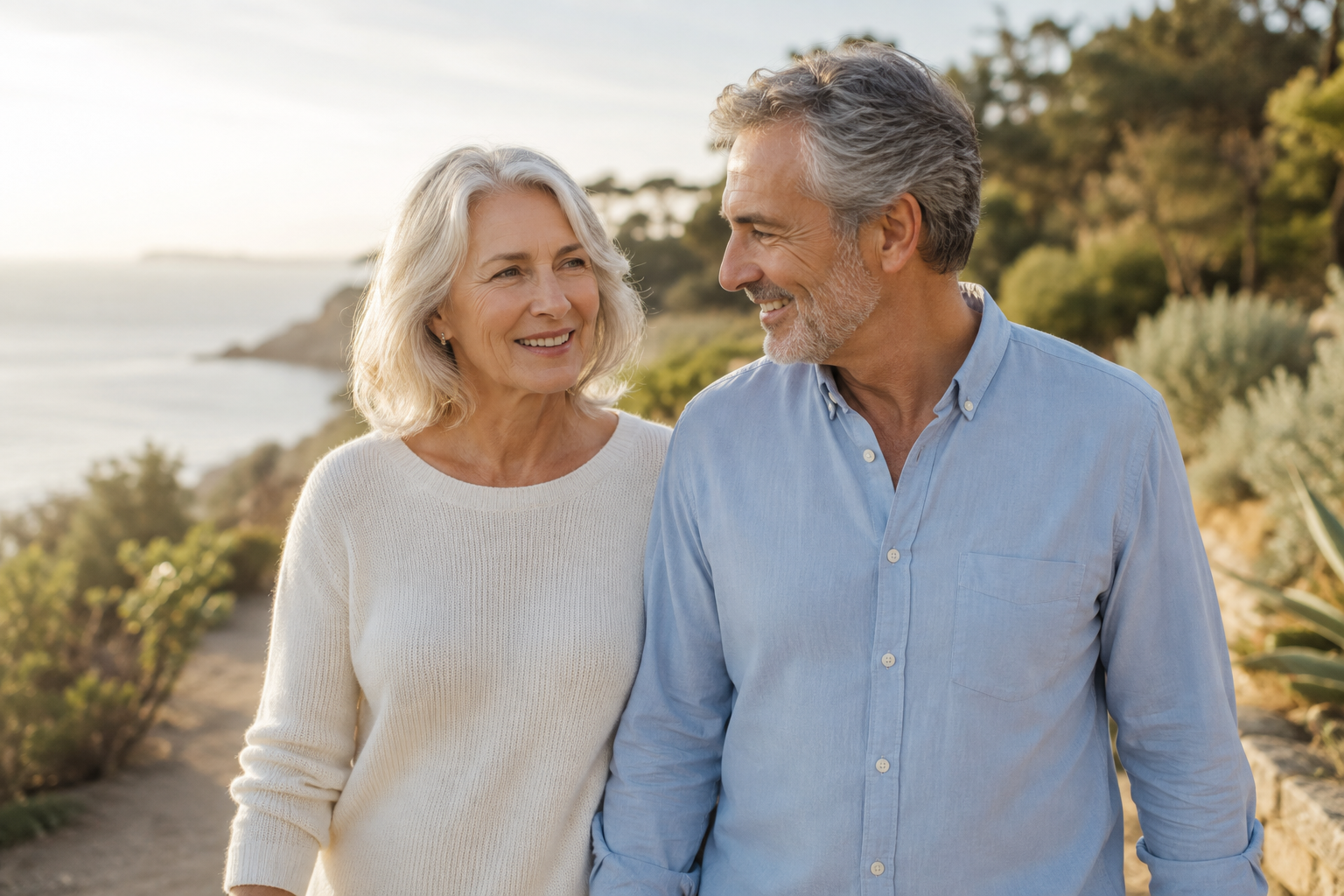 Mature couple enjoying a walk beside the coast