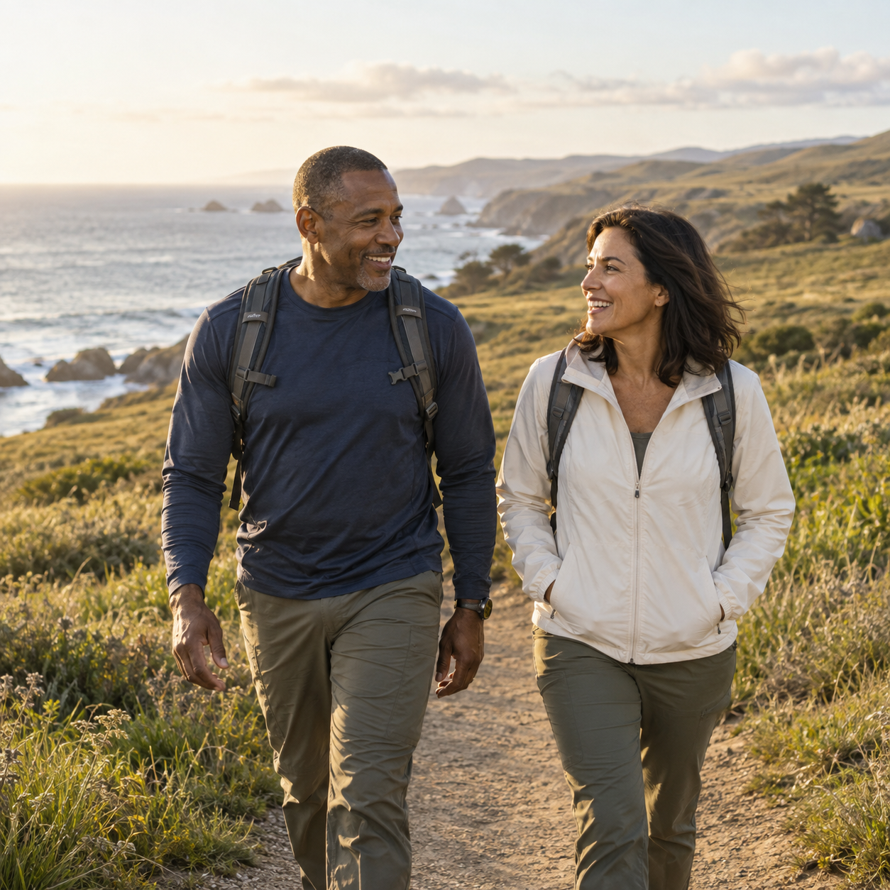 Two adults enjoying a walk along a coastal trail