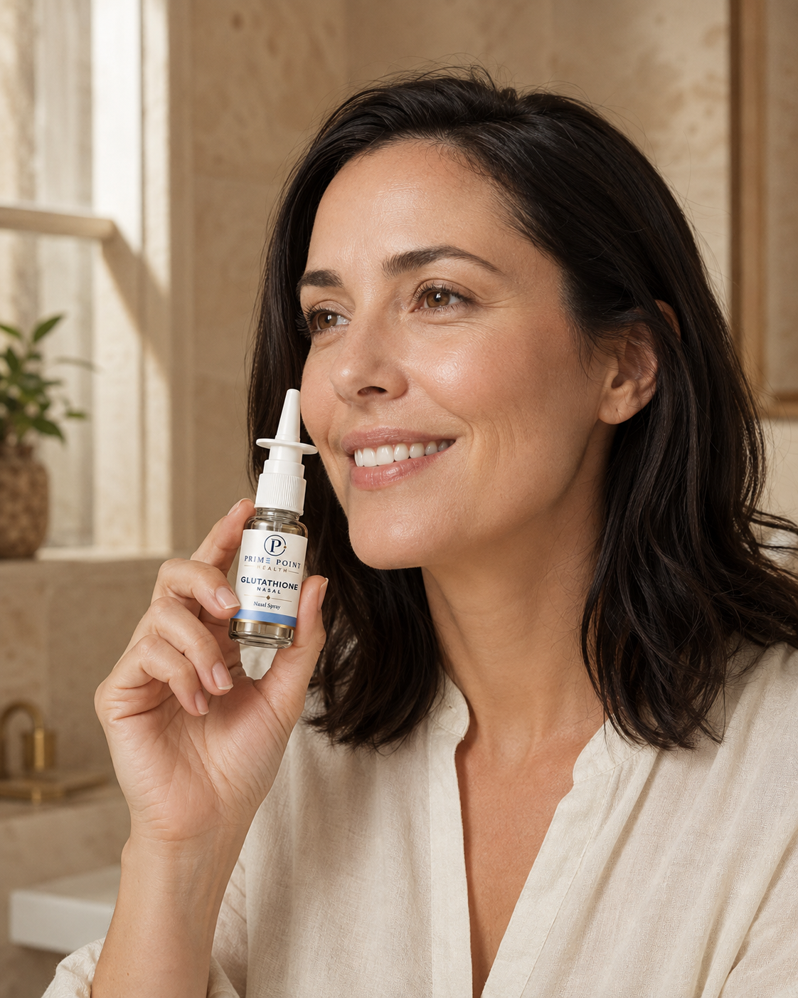 Smiling woman holding Prime Point Health Glutathione nasal spray near her nose