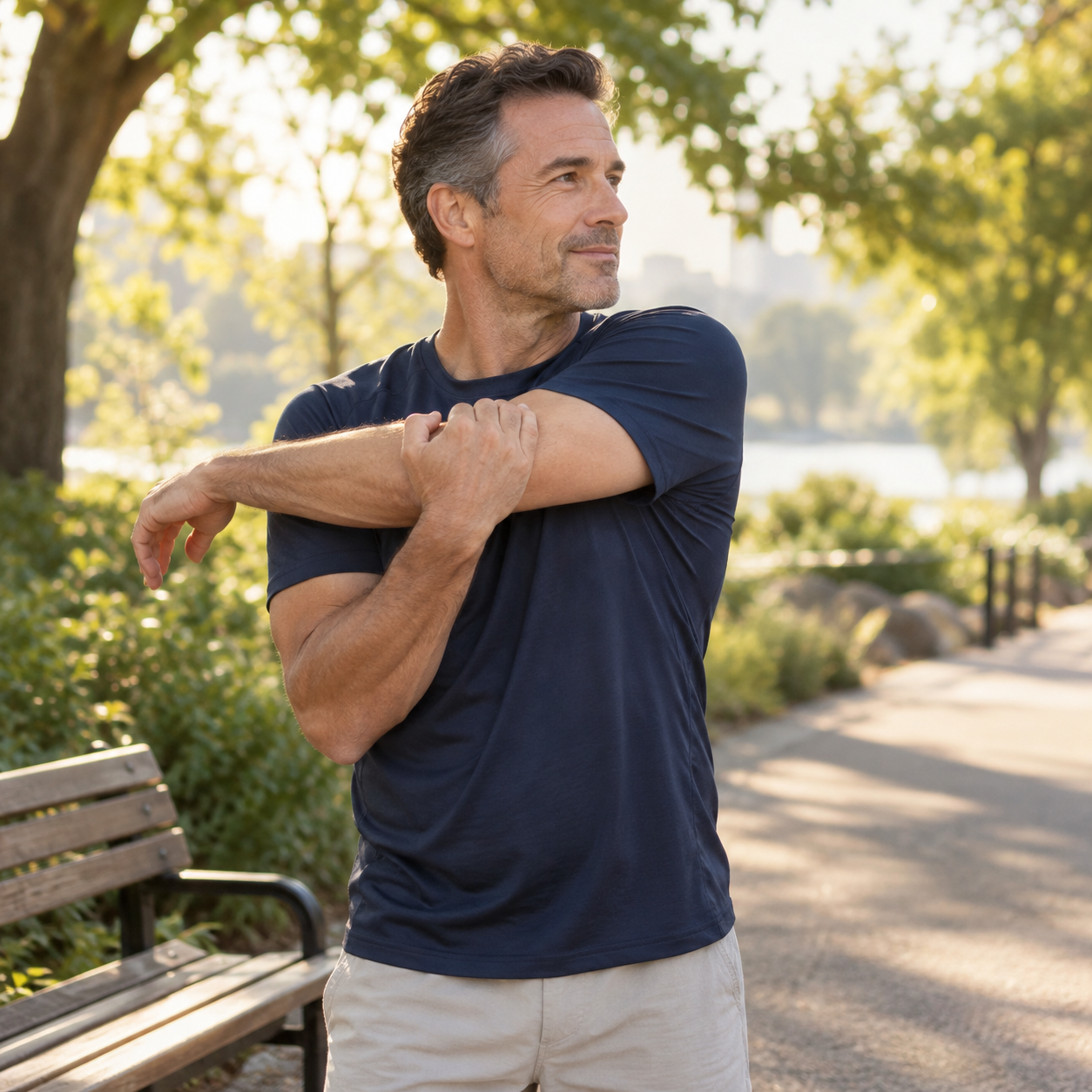 Man stretching his shoulders beside a bench on a sunlit park path