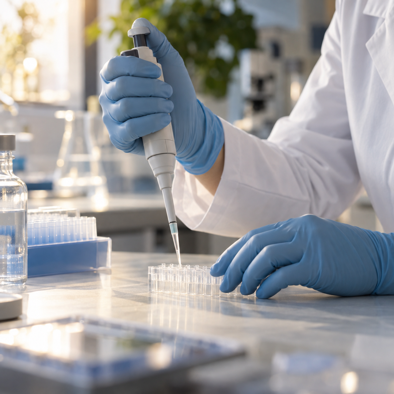 Researcher using a micropipette to prepare a laboratory sample