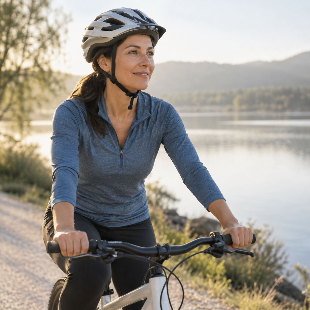 Woman enjoying a bicycle ride beside a lake in morning sunlight