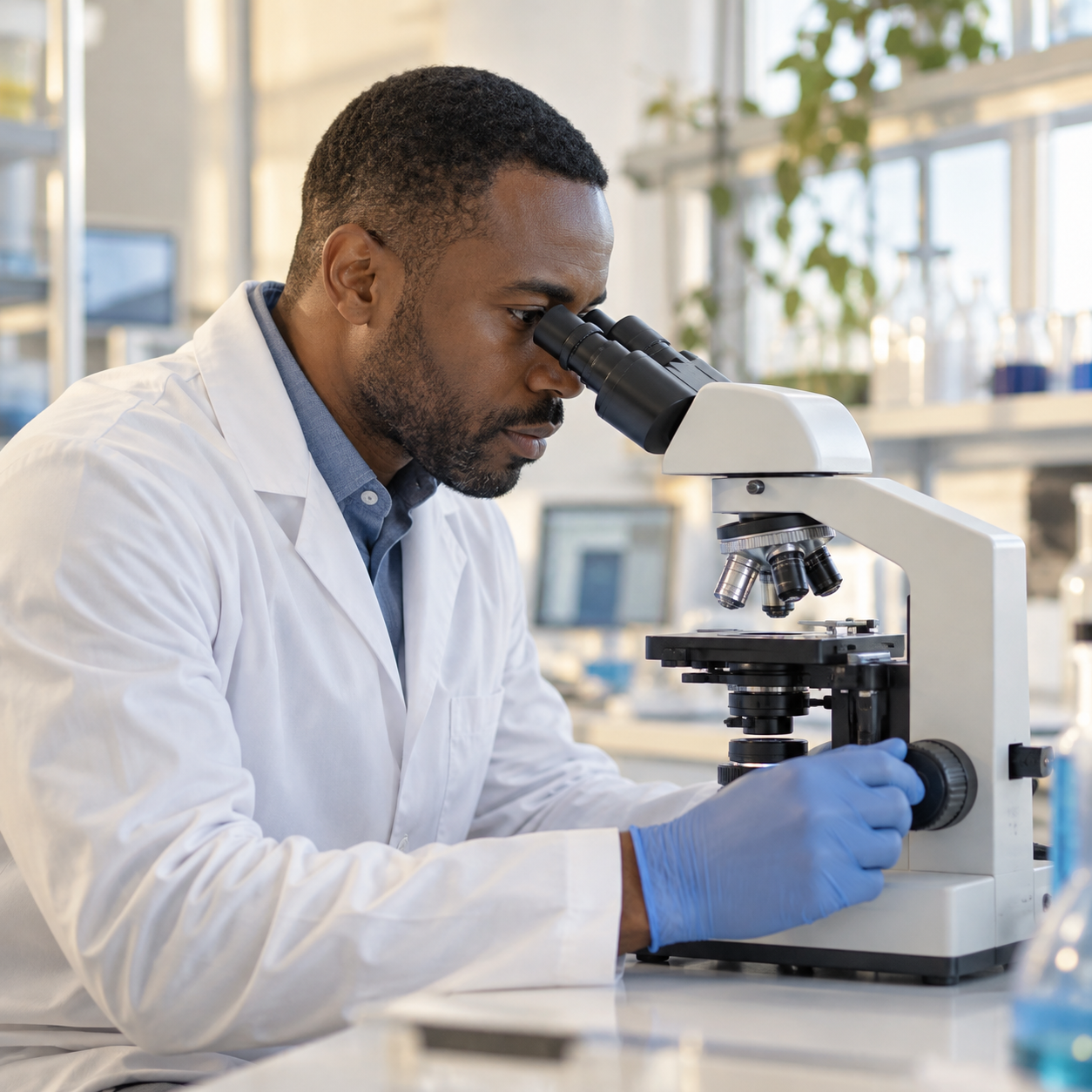 Laboratory researcher examining a sample through a microscope