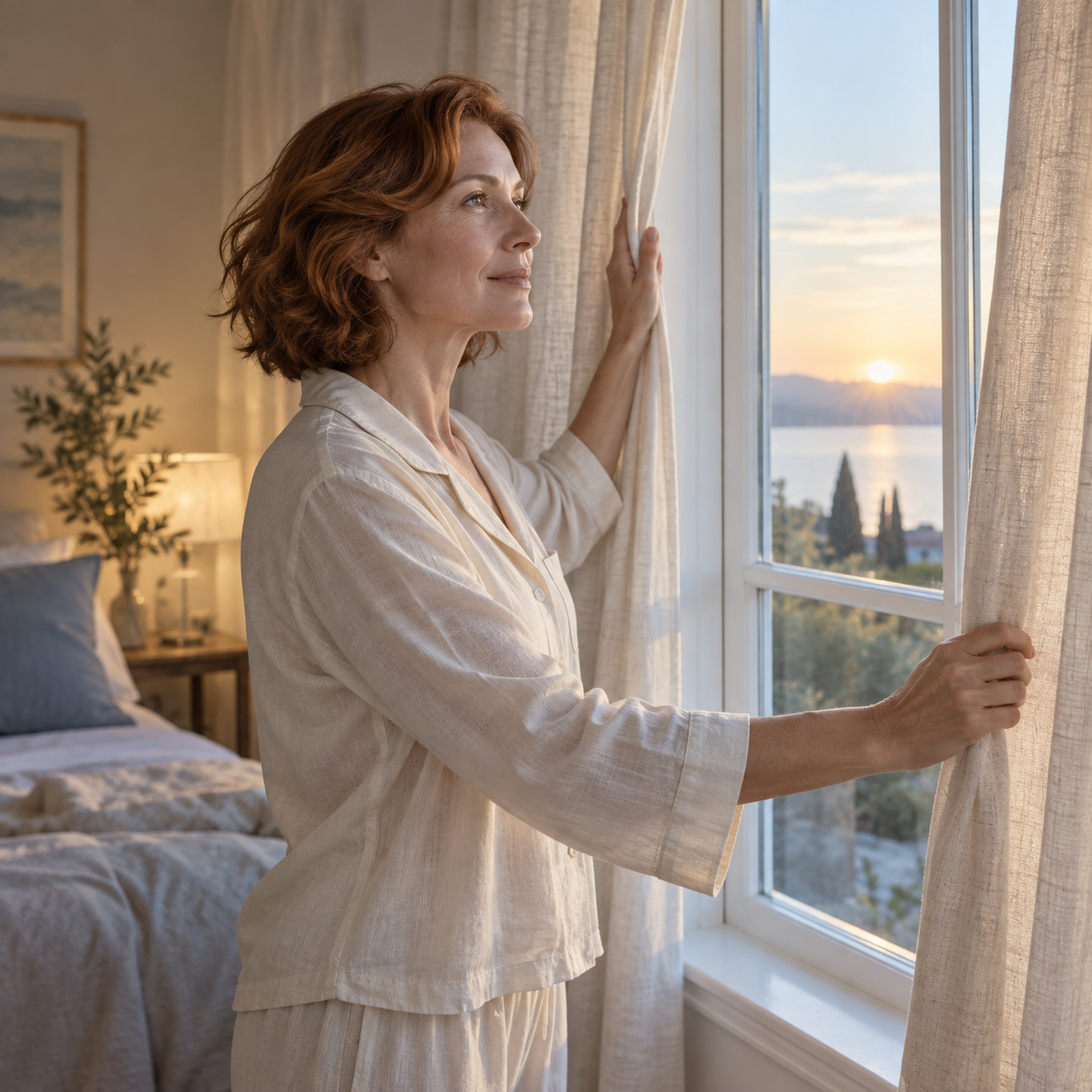 Woman opening linen curtains to let morning light into her bedroom