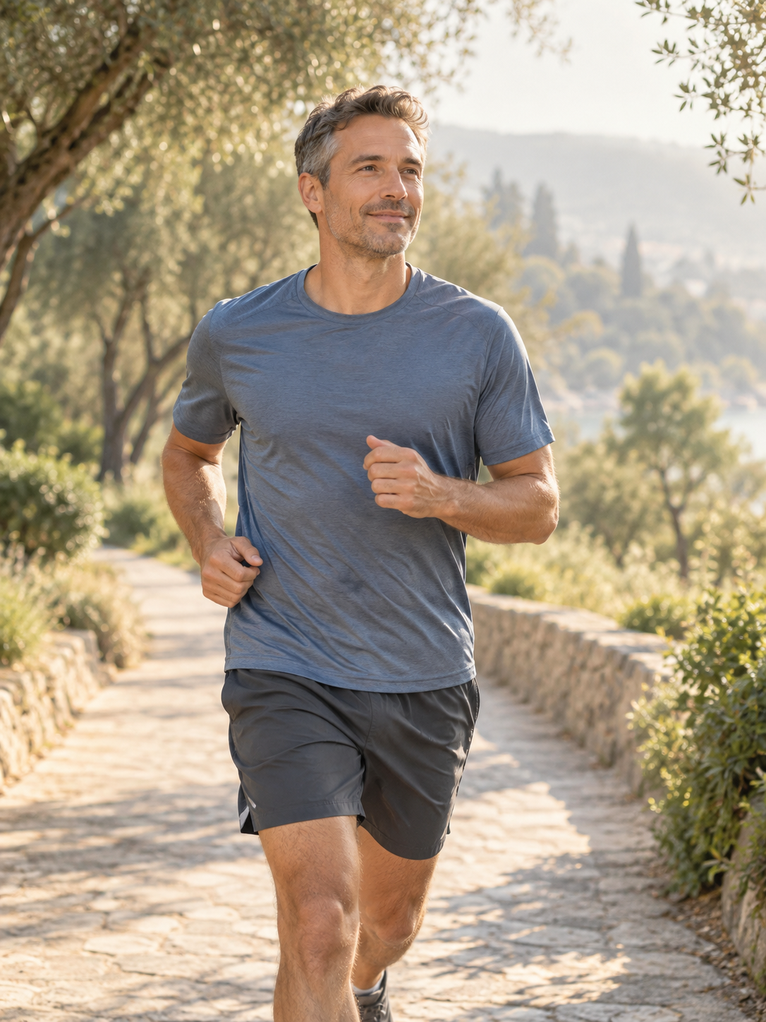 Man enjoying a morning jog on a sunlit park trail