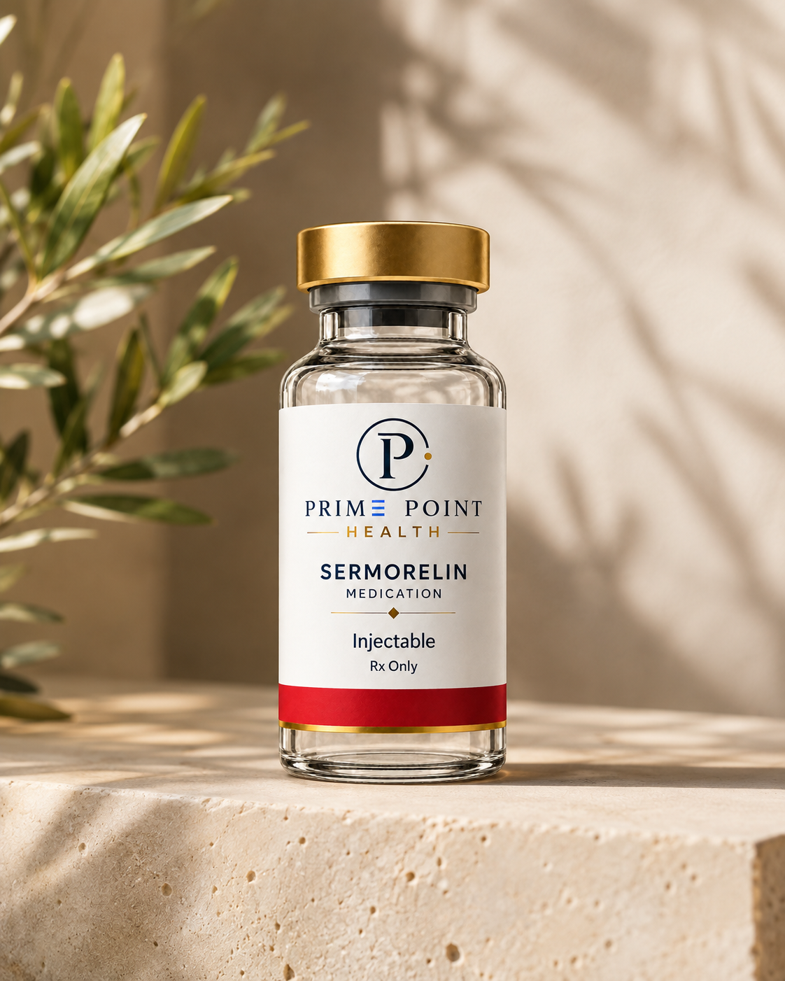 Prime Point Health Sermorelin bottle in a sunlit setting