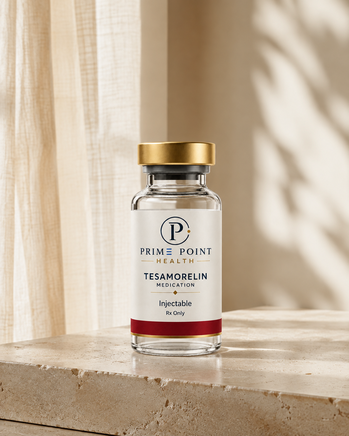 Prime Point Health Tesamorelin bottle in a sunlit setting