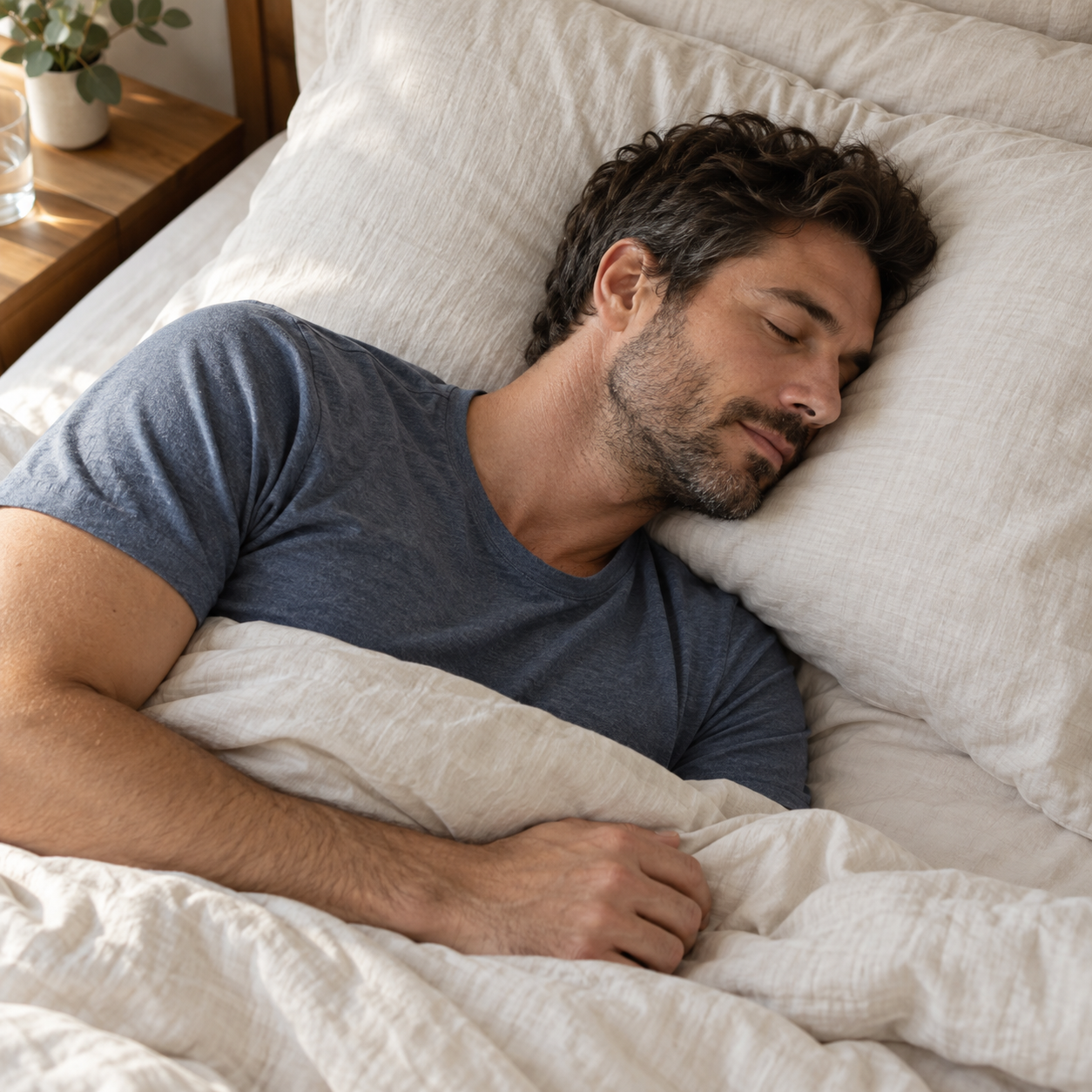 Man sleeping peacefully in soft ivory bedding