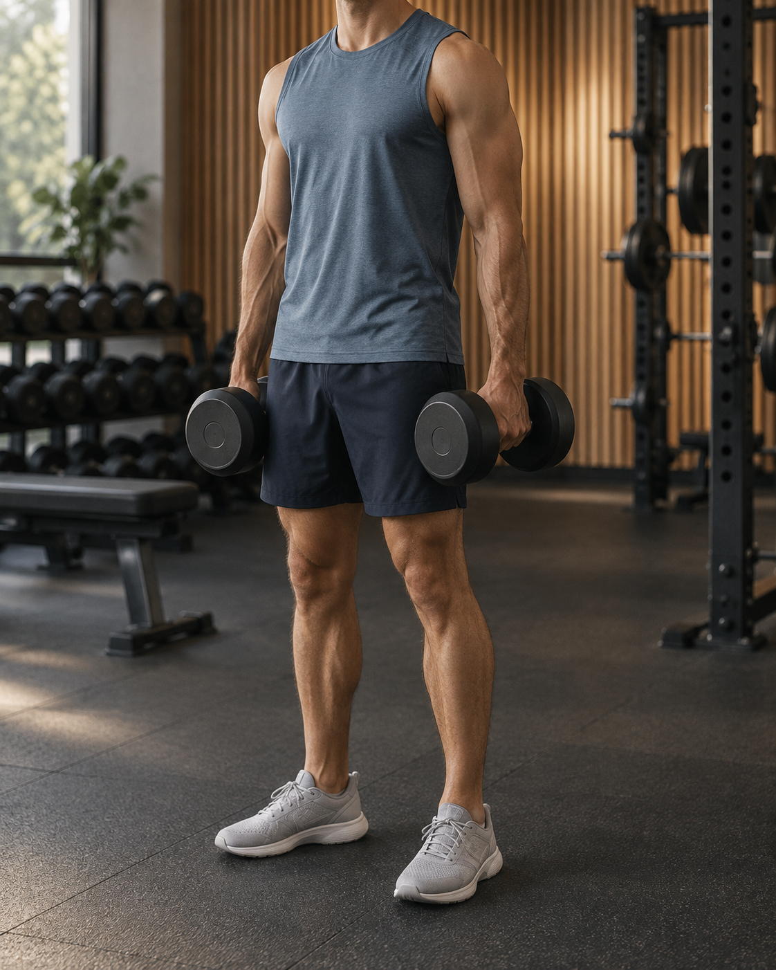 Athlete holding dumbbells between sets in a warm, wood-paneled gym