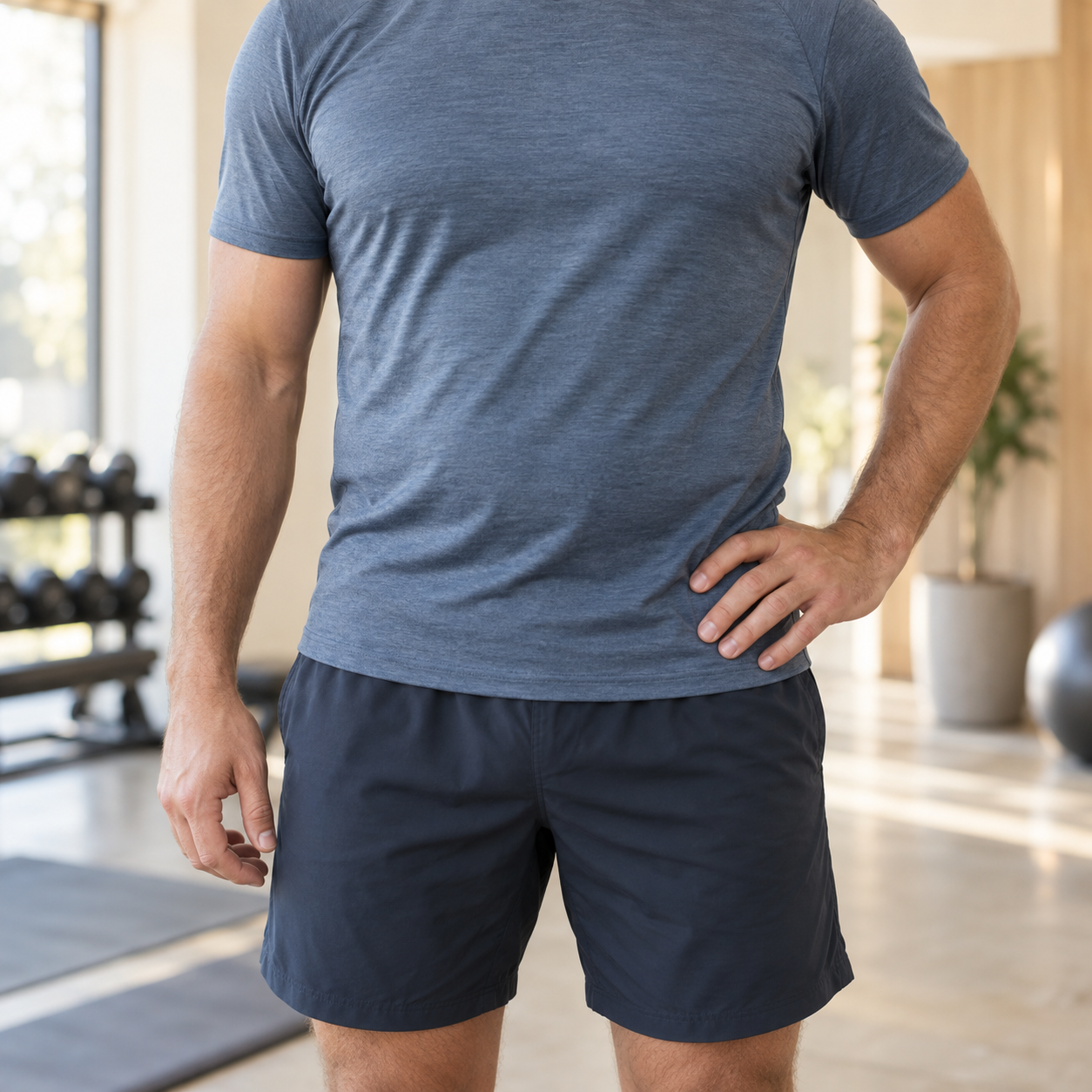 Close-up of an athlete's midsection in a slate-blue training shirt