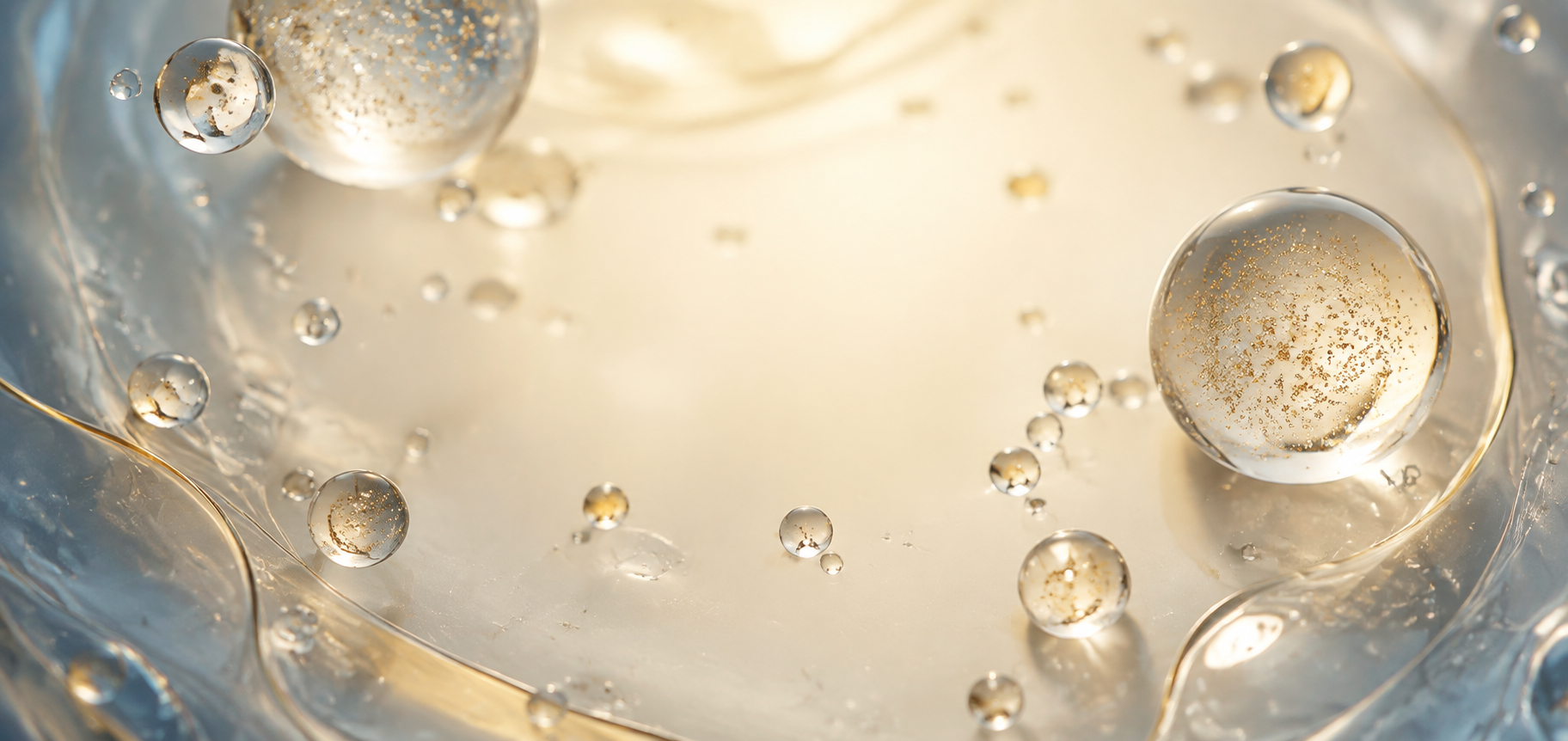 Abstract glass droplets in warm ivory, gold, and pale blue tones